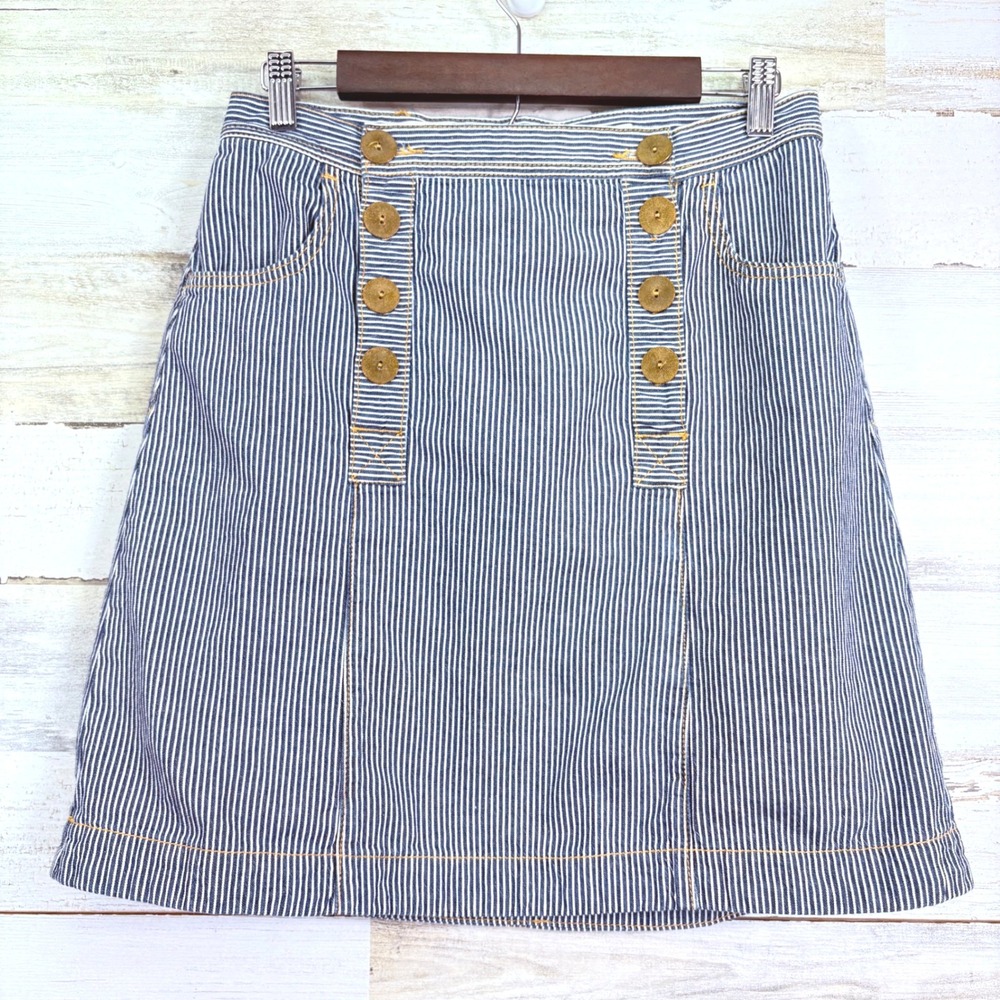 Pilcro Blue and White Striped Mini Skirt with Button Front